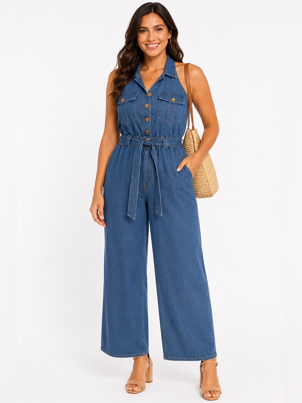 INDULGE IN STYLE Denim Halter Wide Leg Jumpsuit NWT
